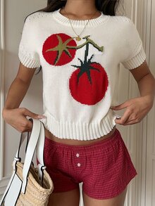 Sunnyshic Atasan Rajut Jacquard Berlubang Motif Tomat Kasual Musim Semi/Panas untuk Wanita Remaja - MultiWarna - View 5