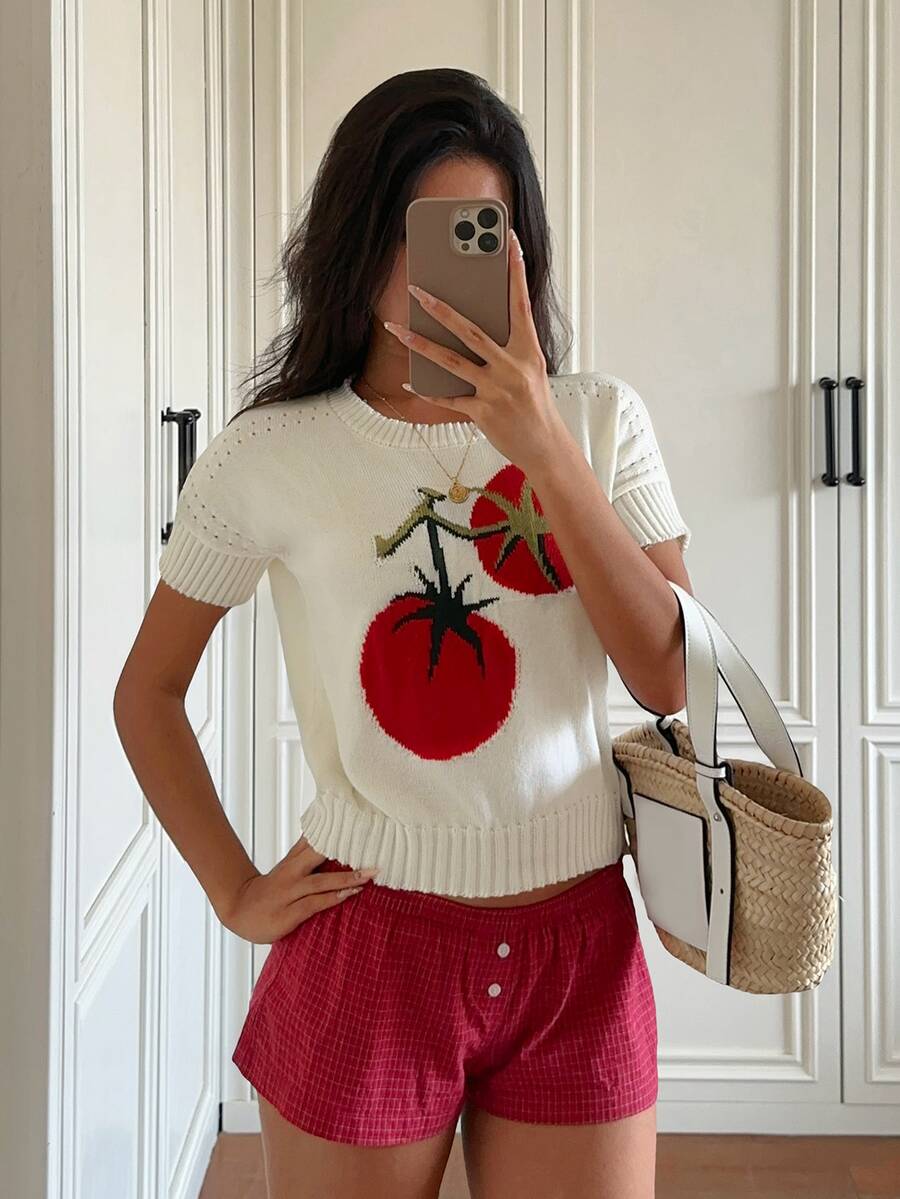 Sunnyshic Atasan Rajut Jacquard Berlubang Motif Tomat Kasual Musim Semi/Panas untuk Wanita Remaja