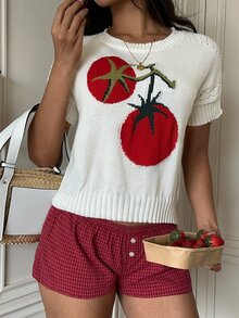 Sunnyshic Atasan Rajut Jacquard Berlubang Motif Tomat Kasual Musim Semi/Panas untuk Wanita Remaja - MultiWarna - View 6