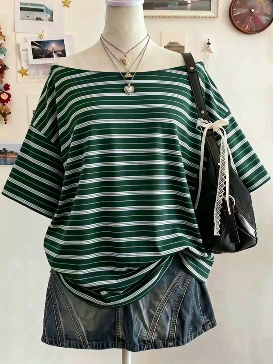Lalippa Camiseta casual versátil de uso diario para mujer con diseño de rayas y patchwork de colores - Negro - Ver 1