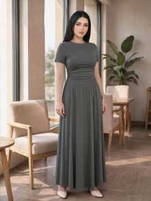 Auveirra 大码女式灰色四季针织两件套，休闲修身弹力短袖上衣和长裙，非常适合度假、休闲或新年穿着。 - 灰色 - 查看 3