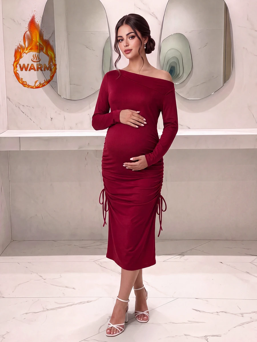 SHEIN Women's Fashionable Comfortable Asymmetric Ruffle Asymmetrical Shoulder Neckline Burgundy Bodycon Long Sleeve Maternity Dress - Burgundy - View 1