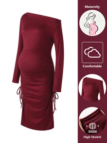 SHEIN Women's Fashionable Comfortable Asymmetric Ruffle Asymmetrical Shoulder Neckline Burgundy Bodycon Long Sleeve Maternity Dress - Burgundy - View 8