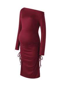 SHEIN Women's Fashionable Comfortable Asymmetric Ruffle Asymmetrical Shoulder Neckline Burgundy Bodycon Long Sleeve Maternity Dress - Burgundy - View 3