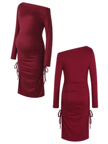 SHEIN Women's Fashionable Comfortable Asymmetric Ruffle Asymmetrical Shoulder Neckline Burgundy Bodycon Long Sleeve Maternity Dress - Burgundy - View 4