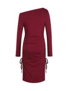 SHEIN Women's Fashionable Comfortable Asymmetric Ruffle Asymmetrical Shoulder Neckline Burgundy Bodycon Long Sleeve Maternity Dress - Burgundy - View 2