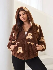 Solflare New Fall/Winter Plus Size Women's Brown Soft Cartoon Bear Print Fleece Zip-Up Drawstring Sweatshirt For Outings, School, Home & Casual Wear - Multicolor - View 7