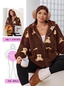 Solflare New Fall/Winter Plus Size Women's Brown Soft Cartoon Bear Print Fleece Zip-Up Drawstring Sweatshirt For Outings, School, Home & Casual Wear - Multicolor - View 1