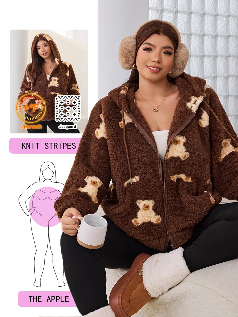Solflare New Fall/Winter Plus Size Women's Brown Soft Cartoon Bear Print Fleece Zip-Up Drawstring Sweatshirt For Outings, School, Home & Casual Wear - Multicolor - View 1