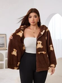 Solflare New Fall/Winter Plus Size Women's Brown Soft Cartoon Bear Print Fleece Zip-Up Drawstring Sweatshirt For Outings, School, Home & Casual Wear - Multicolor - View 9