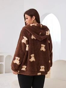 Solflare New Fall/Winter Plus Size Women's Brown Soft Cartoon Bear Print Fleece Zip-Up Drawstring Sweatshirt For Outings, School, Home & Casual Wear - Multicolor - View 2