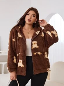Solflare New Fall/Winter Plus Size Women's Brown Soft Cartoon Bear Print Fleece Zip-Up Drawstring Sweatshirt For Outings, School, Home & Casual Wear - Multicolor - View 6