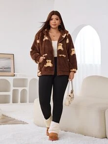 Solflare New Fall/Winter Plus Size Women's Brown Soft Cartoon Bear Print Fleece Zip-Up Drawstring Sweatshirt For Outings, School, Home & Casual Wear - Multicolor - View 5