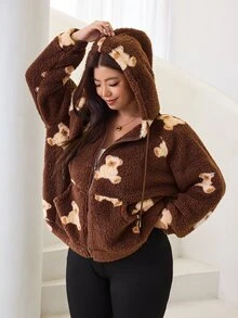 Solflare New Fall/Winter Plus Size Women's Brown Soft Cartoon Bear Print Fleece Zip-Up Drawstring Sweatshirt For Outings, School, Home & Casual Wear - Multicolor - View 4