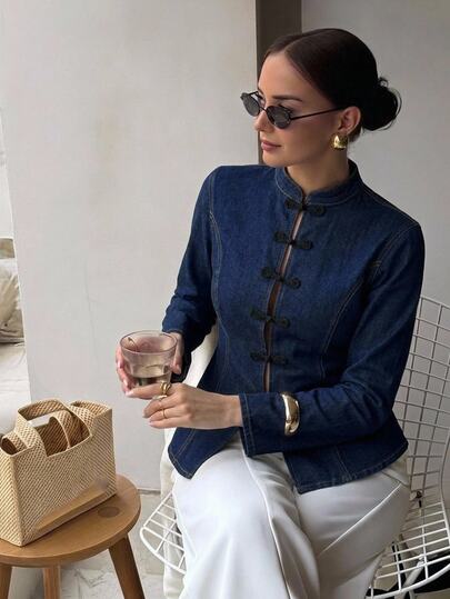 Firerie Women's Fashionable Dark Blue Denim Shirt – Mandarin Collar, Frog Button Fastenings, And Fitted Waist New Chinese Style Autumn Elegant Women's Blouse