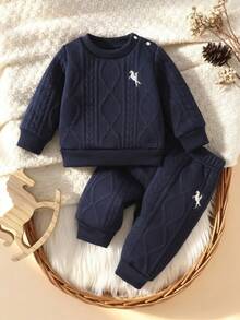 SHEIN Newborn Baby Boy Autumn Embroidered Long Sleeve Crew Neck Top And Pants Casual Fashion Outfit Set - Navy Blue - View 5