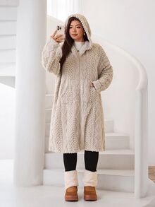 Solflare Plus Size Women's Long Sleeve Zip-Up Casual Hooded Loose Fit Jacket - Apricot - View 2