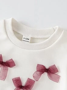 SHEIN Playful Pals 女嬰春/秋季可愛紅色蝴蝶結圓領長袖運動衫與內搭褲2件套 親子款洗禮白色奶牛女孩 - 酒紅色 - 查看 6