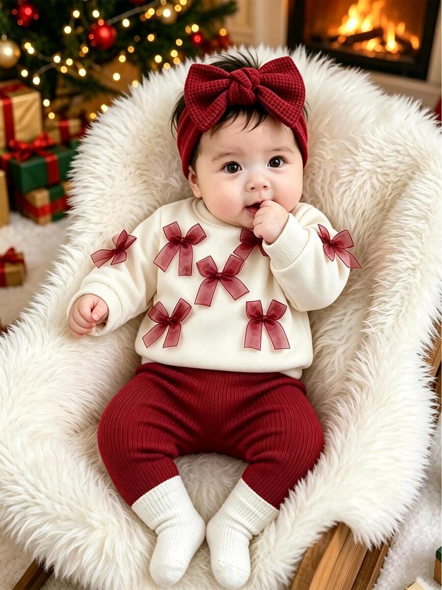 SHEIN Playful Pals 女嬰春/秋季可愛紅色蝴蝶結圓領長袖運動衫與內搭褲2件套 親子款洗禮白色奶牛女孩 - 酒紅色 - 查看 1