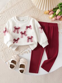 SHEIN Playful Pals 女嬰春/秋季可愛紅色蝴蝶結圓領長袖運動衫與內搭褲2件套 親子款洗禮白色奶牛女孩 - 酒紅色 - 查看 5