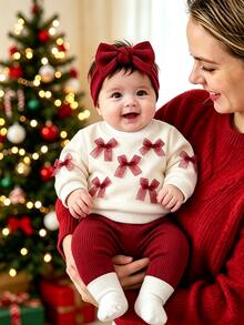 SHEIN Playful Pals 女嬰春/秋季可愛紅色蝴蝶結圓領長袖運動衫與內搭褲2件套 親子款洗禮白色奶牛女孩 - 酒紅色 - 查看 9
