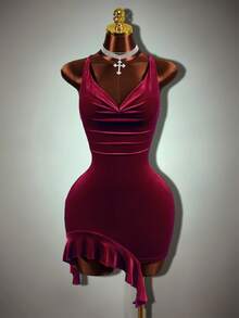 Mistrie Gaun Wanita Manis Elegan dengan Kerah Model Cowl dan Lipit serta Hiasan Rumbai di Bagian Bawah - Burgundy - View 2
