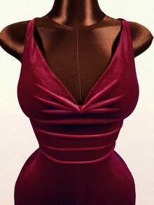 Mistrie Gaun Wanita Manis Elegan dengan Kerah Model Cowl dan Lipit serta Hiasan Rumbai di Bagian Bawah - Burgundy - View 8