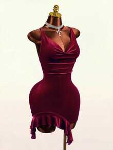 Mistrie Gaun Wanita Manis Elegan dengan Kerah Model Cowl dan Lipit serta Hiasan Rumbai di Bagian Bawah - Burgundy - View 5