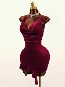 Mistrie Gaun Wanita Manis Elegan dengan Kerah Model Cowl dan Lipit serta Hiasan Rumbai di Bagian Bawah - Burgundy - View 7