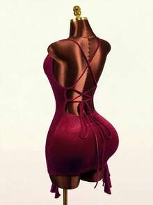 Mistrie Gaun Wanita Manis Elegan dengan Kerah Model Cowl dan Lipit serta Hiasan Rumbai di Bagian Bawah - Burgundy - View 3