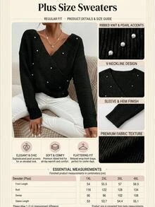SHEIN Plus Size Women's Pearl Detailing Black Solid Color Casual Cross Front V-Neck Drop Shoulder - Black - View 4
