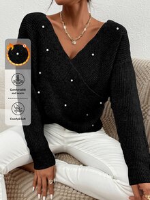 SHEIN Plus Size Women's Pearl Detailing Black Solid Color Casual Cross Front V-Neck Drop Shoulder - Black - View 1