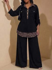 Chikora Plus Size Women's Patchwork Leopard Print Rolled Sleeve Top And Pants Casual 2 Pieces Set - Black - View 5