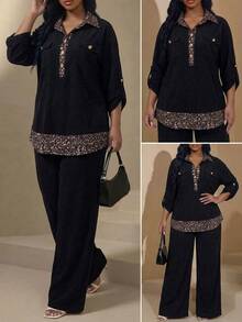 Chikora Plus Size Women's Patchwork Leopard Print Rolled Sleeve Top And Pants Casual 2 Pieces Set - Black - View 3