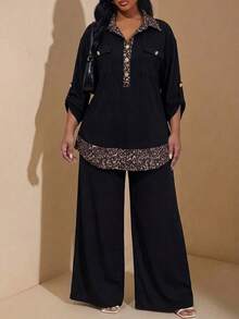 Chikora Plus Size Women's Patchwork Leopard Print Rolled Sleeve Top And Pants Casual 2 Pieces Set - Black - View 1