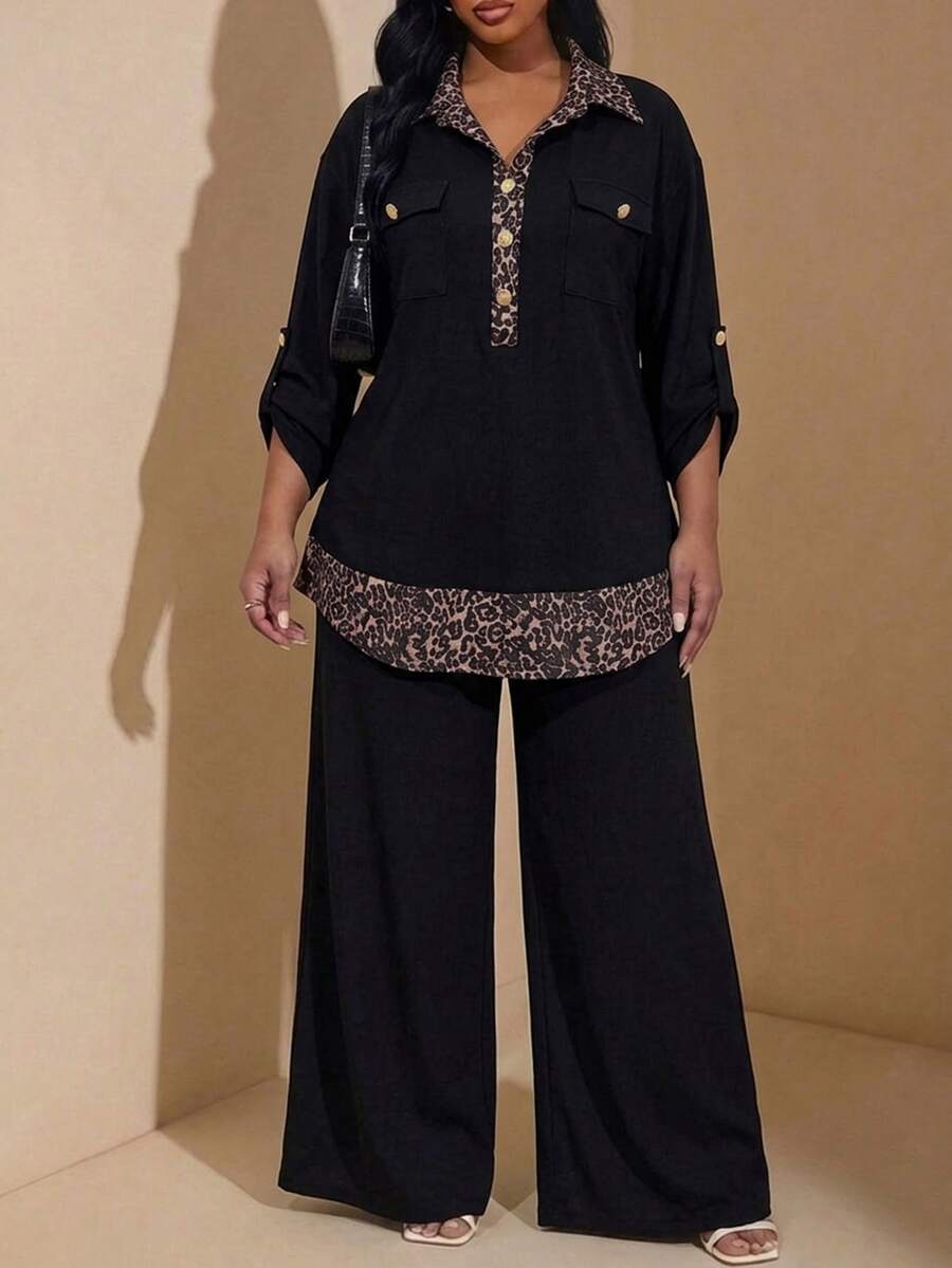 Chikora Plus Size Women's Patchwork Leopard Print Rolled Sleeve Top And Pants Casual 2 Pieces Set - Black - View 1