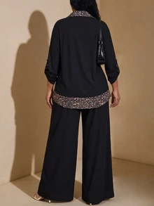 Chikora Plus Size Women's Patchwork Leopard Print Rolled Sleeve Top And Pants Casual 2 Pieces Set - Black - View 4