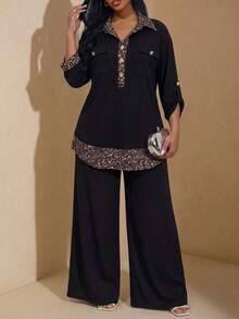 Chikora Plus Size Women's Patchwork Leopard Print Rolled Sleeve Top And Pants Casual 2 Pieces Set - Black - View 2