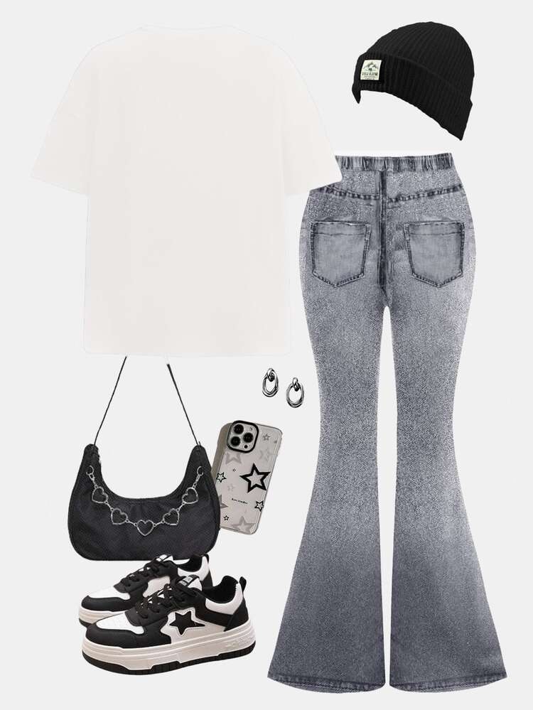 SHEIN 2pcs Tween Girls Black And White Summer Cute Preppy School Set,Loose Heart & Face Graffiti Print Short Sleeve Round Neck T-Shirt And Flare Pants Set - Multicolor - View 4