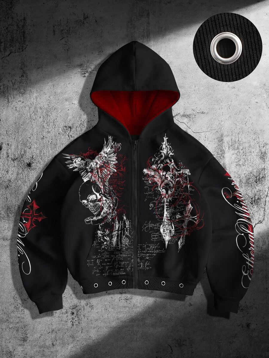 ROMWE MEN Men's Slogan Skull Graphic Casual Everyday Hoodie - Black - View 1