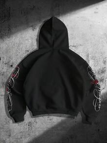 ROMWE MEN Men's Slogan Skull Graphic Casual Everyday Hoodie - Black - View 3