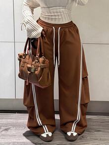 Slaydiva Plus Size Striped Colorblock Drawstring Sweatpants, Casual Joggers Wide Leg Lounge Pants For Fall Curvy - Brown - View 1