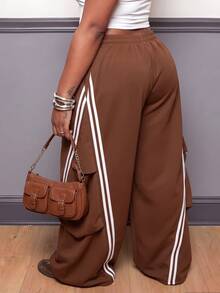 Slaydiva Plus Size Striped Colorblock Drawstring Sweatpants, Casual Joggers Wide Leg Lounge Pants For Fall Curvy - Brown - View 2