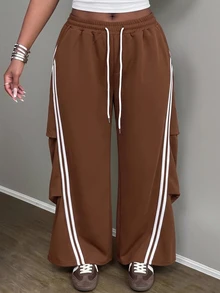 Slaydiva Plus Size Striped Colorblock Drawstring Sweatpants, Casual Joggers Wide Leg Lounge Pants For Fall Curvy - Brown - View 3