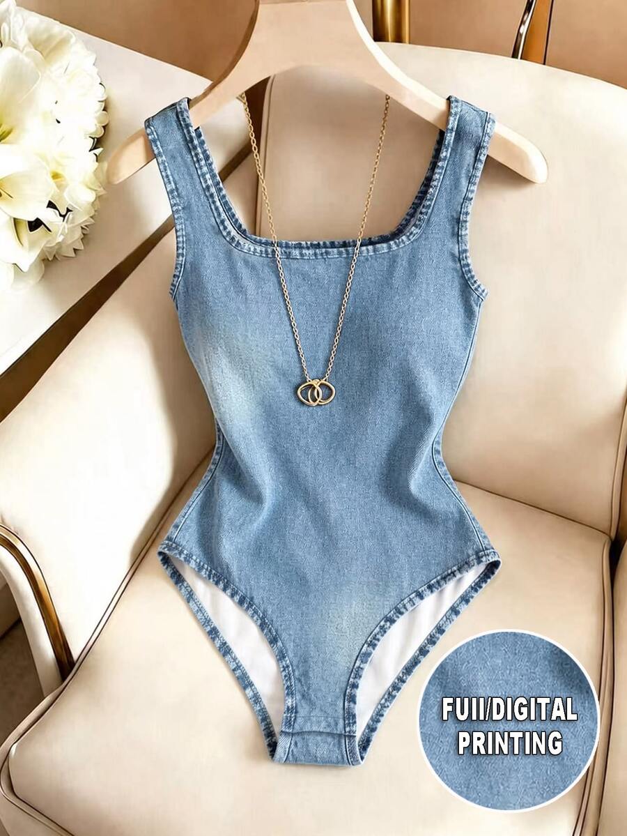 SHEIN Franclia 夏季杏色連身衣,對比色方領刷毛羅紋針織,優雅休閒女款連身衣,適合海灘、度假、外出、通勤、辦公、社交場合,Y2K風格,鄉村音樂演唱會穿搭 - 藍色 - 查看 1