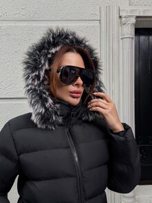Pariaura Fur Hoodie Zipper And Pocket Detailed Long Winter Coats - Black - View 6
