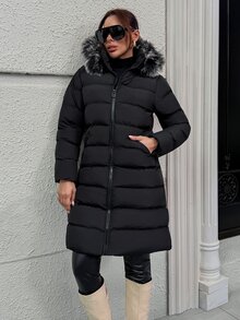 Pariaura Fur Hoodie Zipper And Pocket Detailed Long Winter Coats - Black - View 7