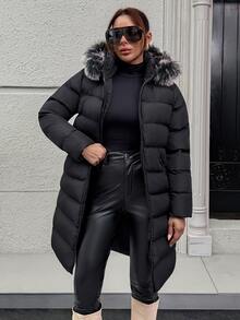 Pariaura Fur Hoodie Zipper And Pocket Detailed Long Winter Coats - Black - View 3