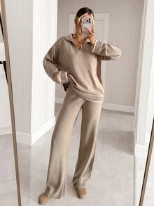 SHEIN Women Polo Neck Sweater And Sweater Pant 2pcs Set Co-Ords - أبيض - مشاهدة 6