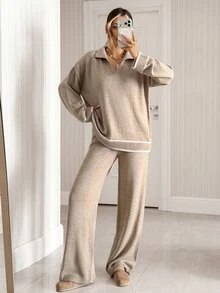 SHEIN Women Polo Neck Sweater And Sweater Pant 2pcs Set Co-Ords - أبيض - مشاهدة 3